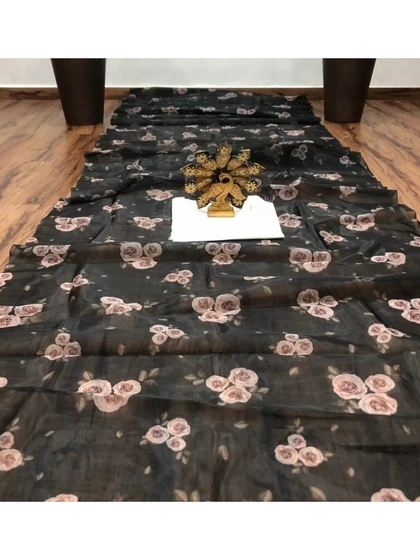 Black organza digital flower printed saree - black