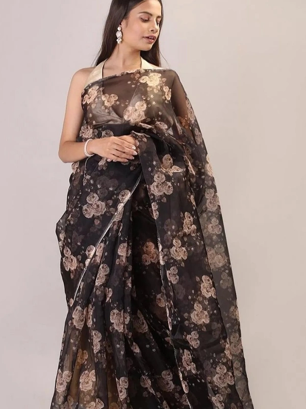 Black organza digital flower printed saree - black