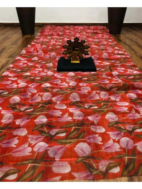 Red organza digital flower printed saree - red