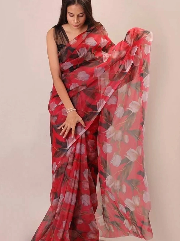 Red organza digital flower printed saree - red