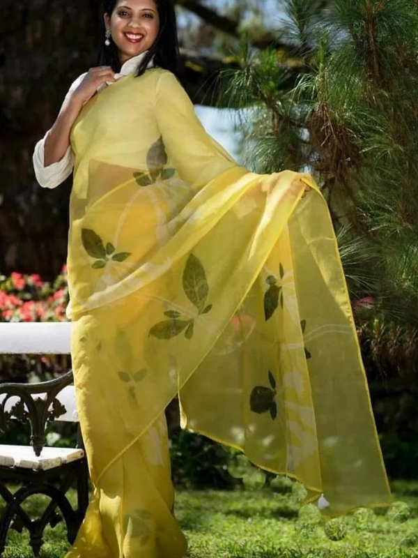 Light yellow organza digital printed saree - light yellow 
