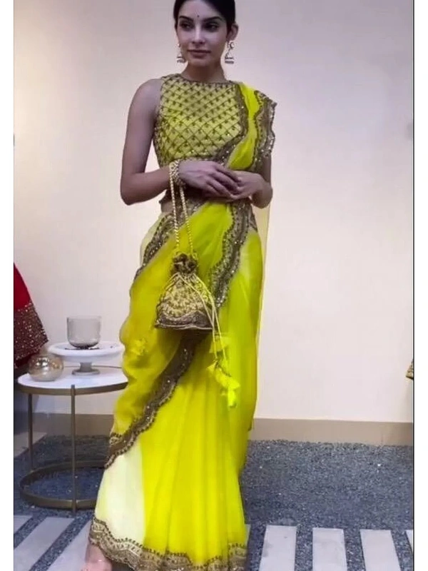 Greenish yellow organza sequence embroidered work saree - greenish yellow 