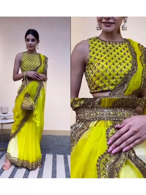 Greenish yellow organza sequence embroidered work saree - greenish yellow 