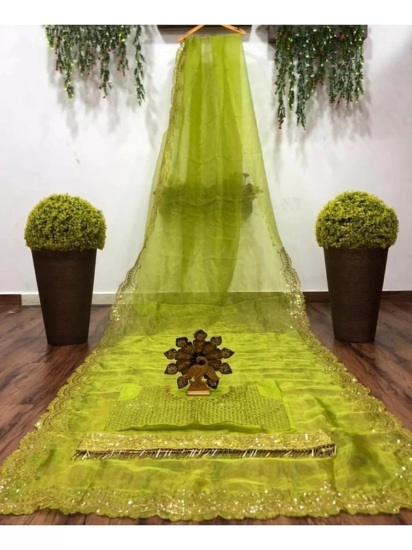 Greenish yellow organza sequence embroidered work saree - greenish yellow 