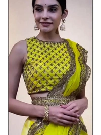Greenish yellow organza sequence embroidered work saree - greenish yellow 