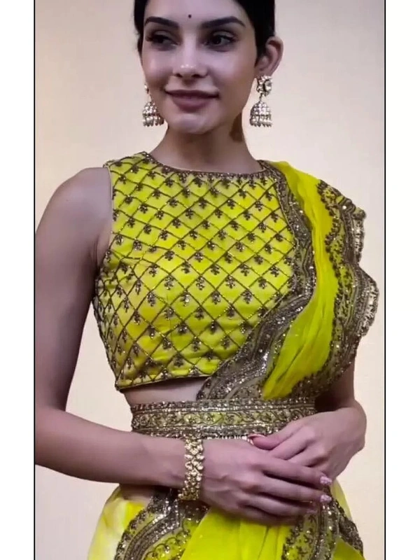 Greenish yellow organza sequence embroidered work saree - greenish yellow 