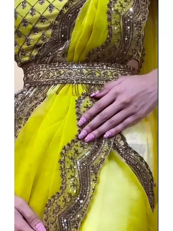 Greenish yellow organza sequence embroidered work saree - greenish yellow 