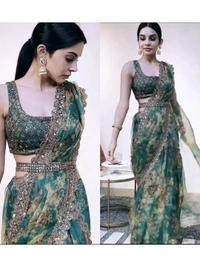 Green organza embroidered and sequence work saree - green