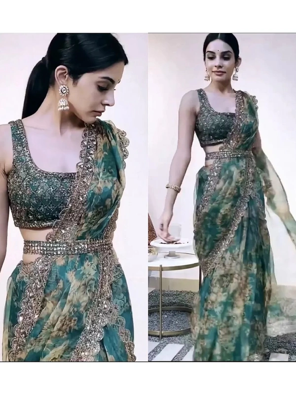 Green organza embroidered and sequence work saree - green