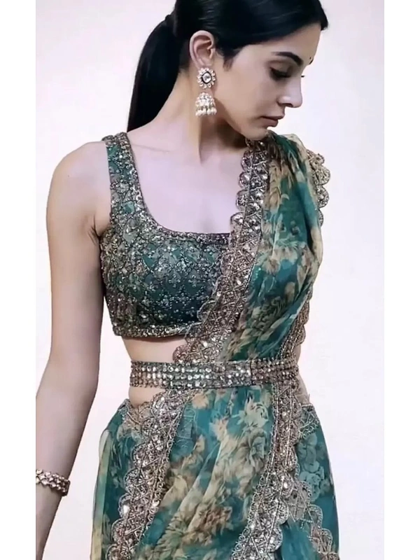 Green organza embroidered and sequence work saree - green
