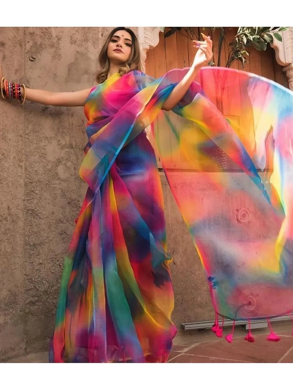 multicolored organza digital print saree - multicolour 