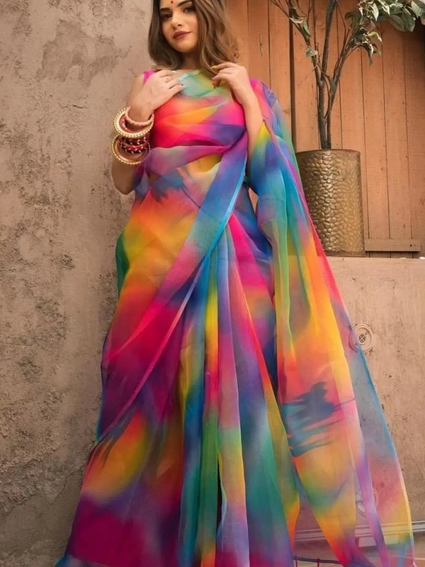 multicolored organza digital print saree - multicolour 
