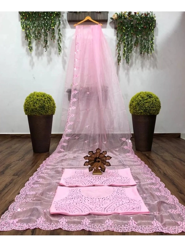 Baby pink organza real mirror work saree - baby pink