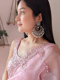 Baby pink organza real mirror work saree - baby pink