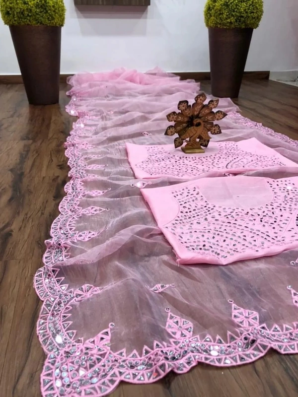 Baby pink organza real mirror work saree - baby pink