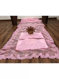 Baby pink organza real mirror work saree - baby pink