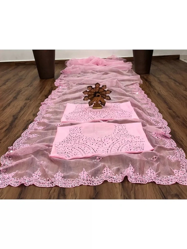 Baby pink organza real mirror work saree - baby pink