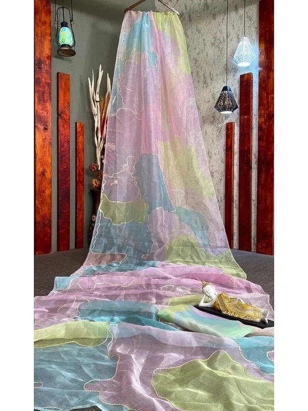 Multicolor organza print and sequence embroidered saree - Multicolour 