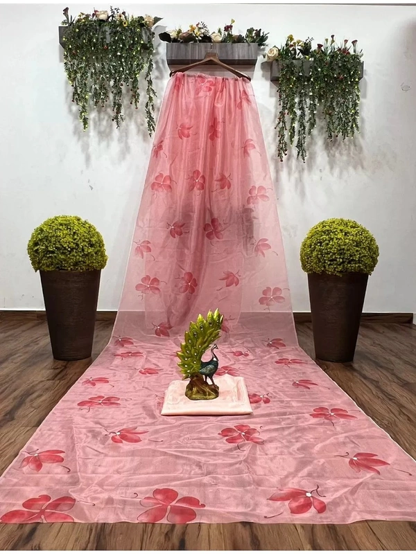 Peach organza silk printed saree - Peach