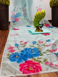 Sea green organza silk flower print and handworked saree - Sea Green 