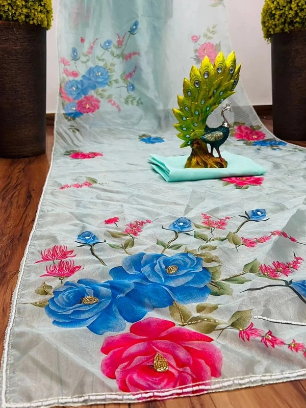 Sea green organza silk flower print and handworked saree - Sea Green 