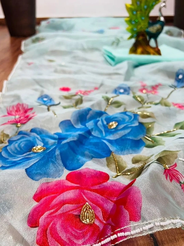 Sea green organza silk flower print and handworked saree - Sea Green 