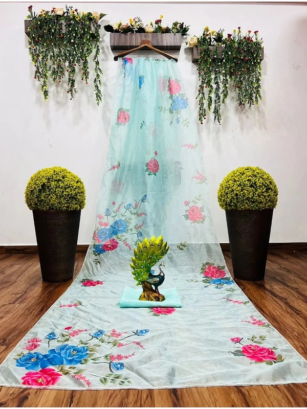 Sea green organza silk flower print and handworked saree - Sea Green 