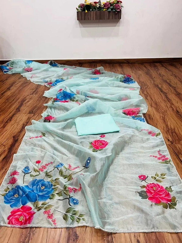 Sea green organza silk flower print and handworked saree - Sea Green 