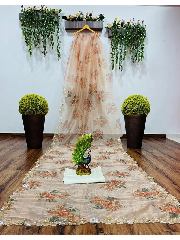 Off white organza handworked and digital printed ceremonial saree - off white
