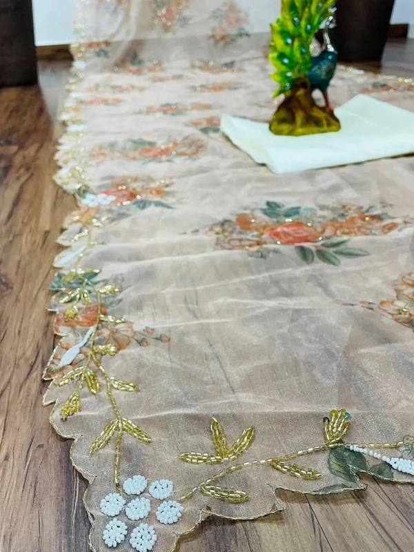 Off white organza handworked and digital printed ceremonial saree - off white