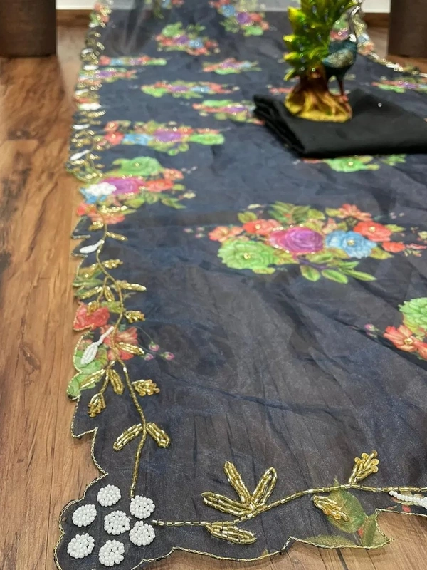 Black organza handworked and digital printed ceremonial saree - black