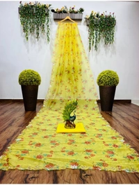 Yellow organza handworked and digital printed ceremonial saree - yellow