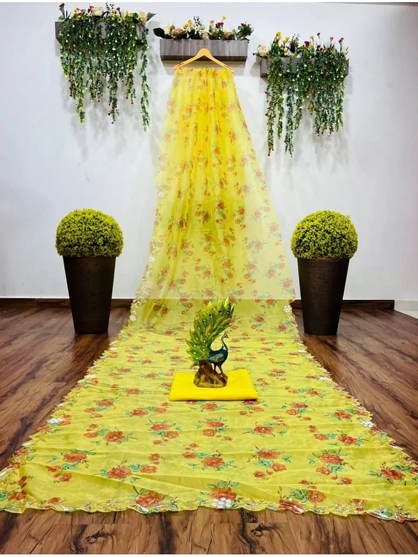 Yellow organza handworked and digital printed ceremonial saree - yellow