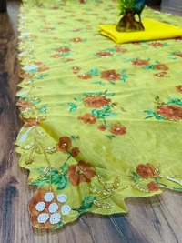 Yellow organza handworked and digital printed ceremonial saree - yellow