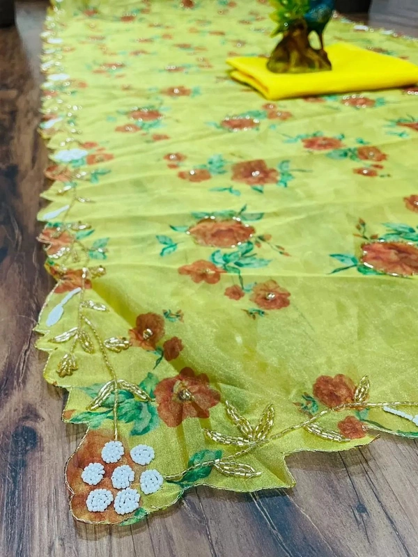 Yellow organza handworked and digital printed ceremonial saree - yellow