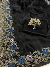 Black heavy organza silk embroidered border work party wear saree - Black
