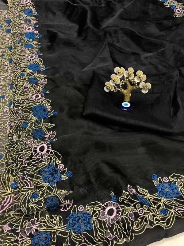 Black heavy organza silk embroidered border work party wear saree - Black