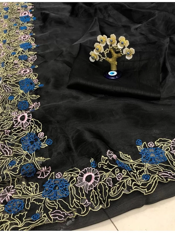 Black heavy organza silk embroidered border work party wear saree - Black