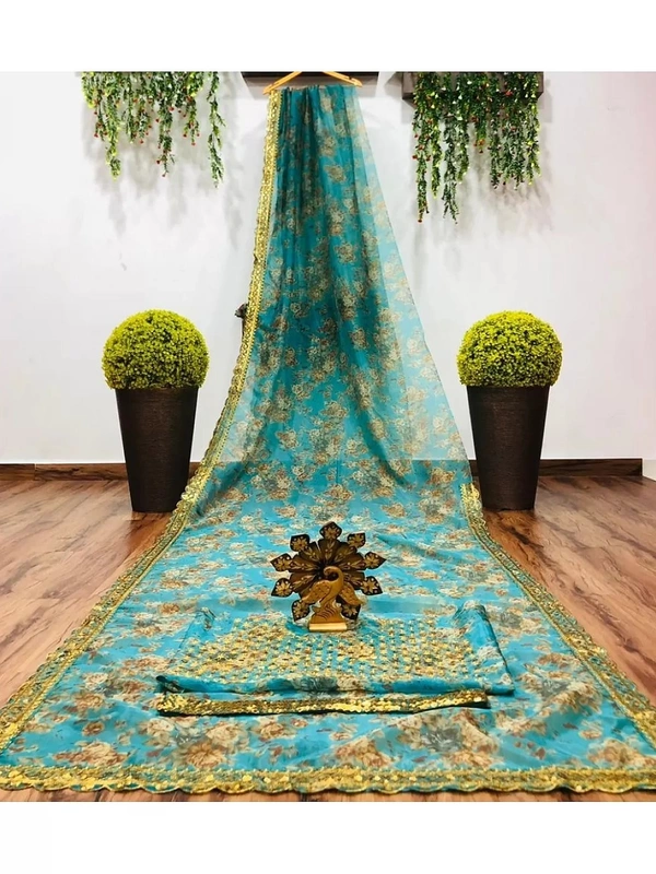 Rama organza sequence embroidered work party wear saree - Rama