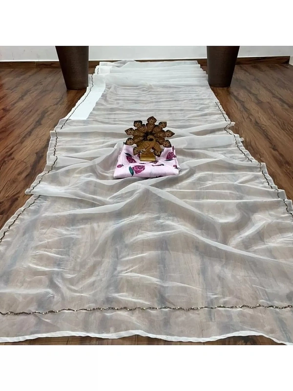 White organza silk handwork ceremonial wear saree - white