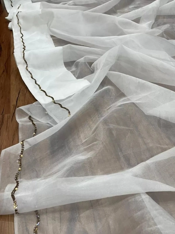 White organza silk handwork ceremonial wear saree - white