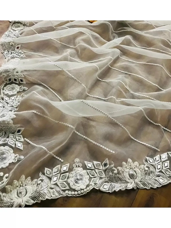 White organza silk zari embroidered and mirror work saree - white