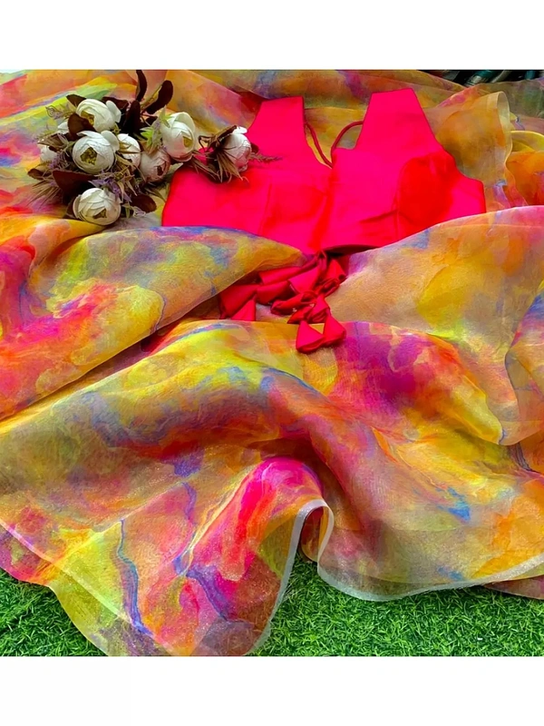 Multicolour pure soft organza silk printed saree - multicolour
