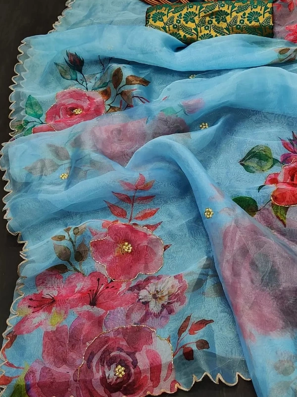 Sky blue soft organza flower printed ceramic stone work saree - sky blue