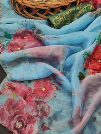 Sky blue soft organza flower printed ceramic stone work saree - sky blue