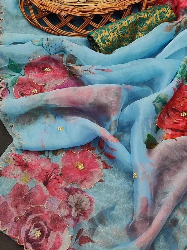 Sky blue soft organza flower printed ceramic stone work saree - sky blue