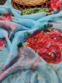 Sky blue soft organza flower printed ceramic stone work saree - sky blue