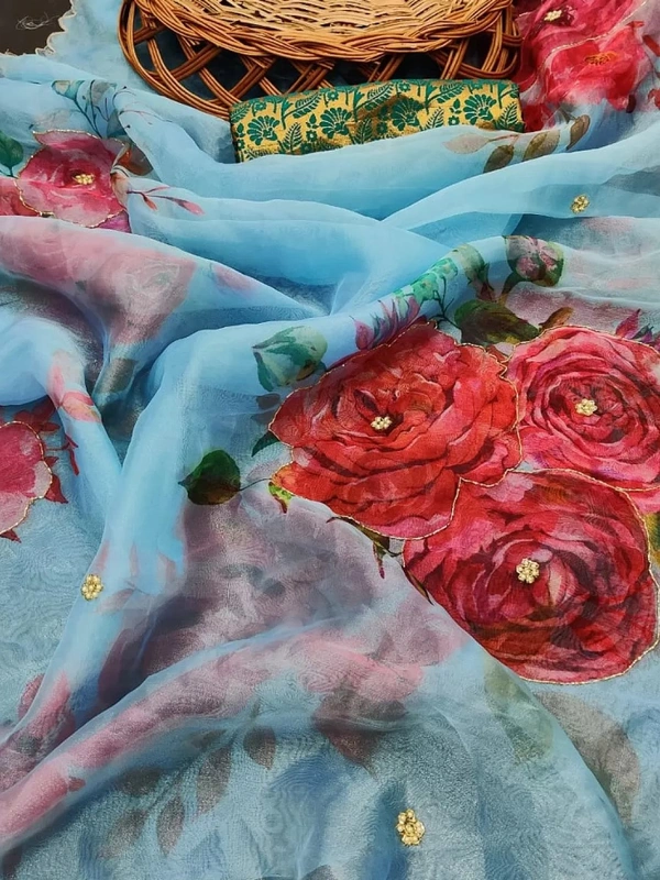 Sky blue soft organza flower printed ceramic stone work saree - sky blue