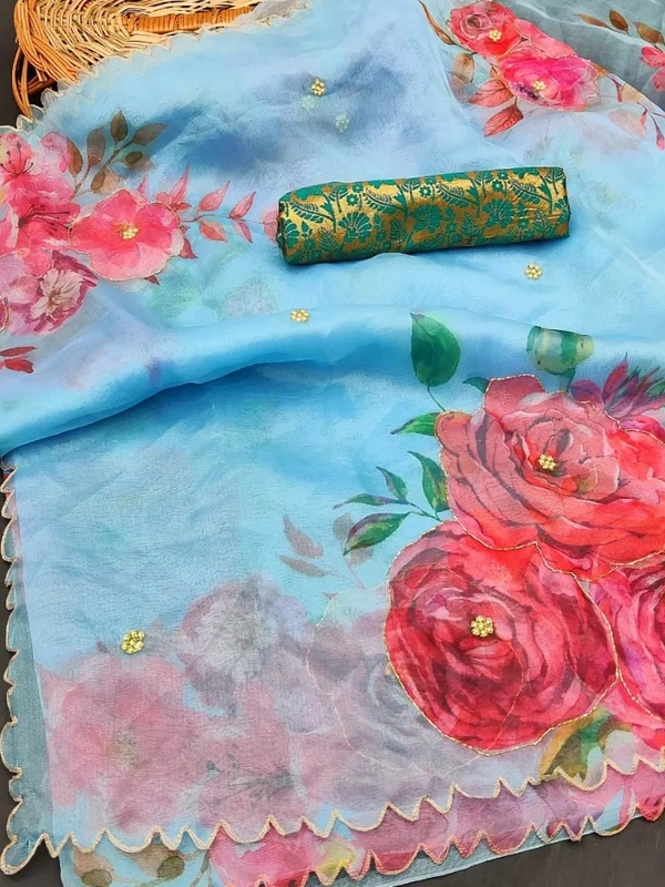 Sky blue soft organza flower printed ceramic stone work saree - sky blue