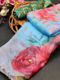 Sky blue soft organza flower printed ceramic stone work saree - sky blue